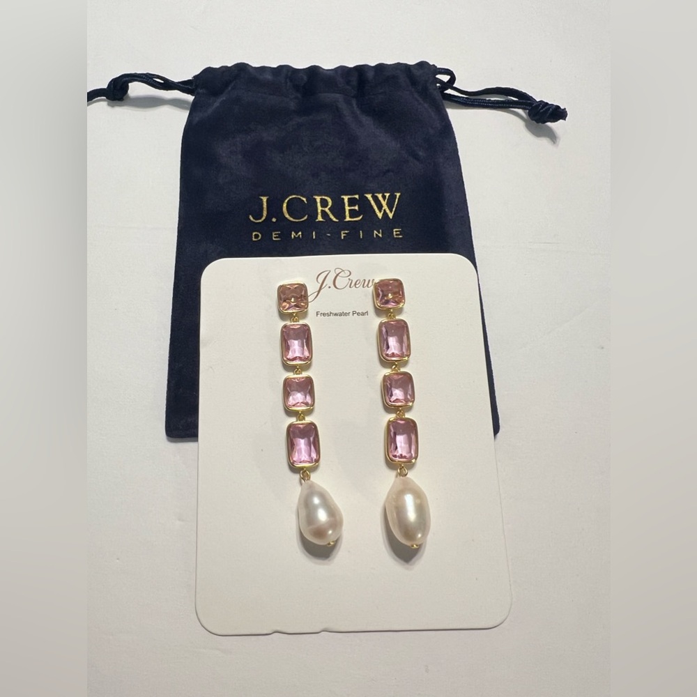 J.Crew Demi-Fine Pink Crystal & Freshwater Pearl Drop Earrings NWT